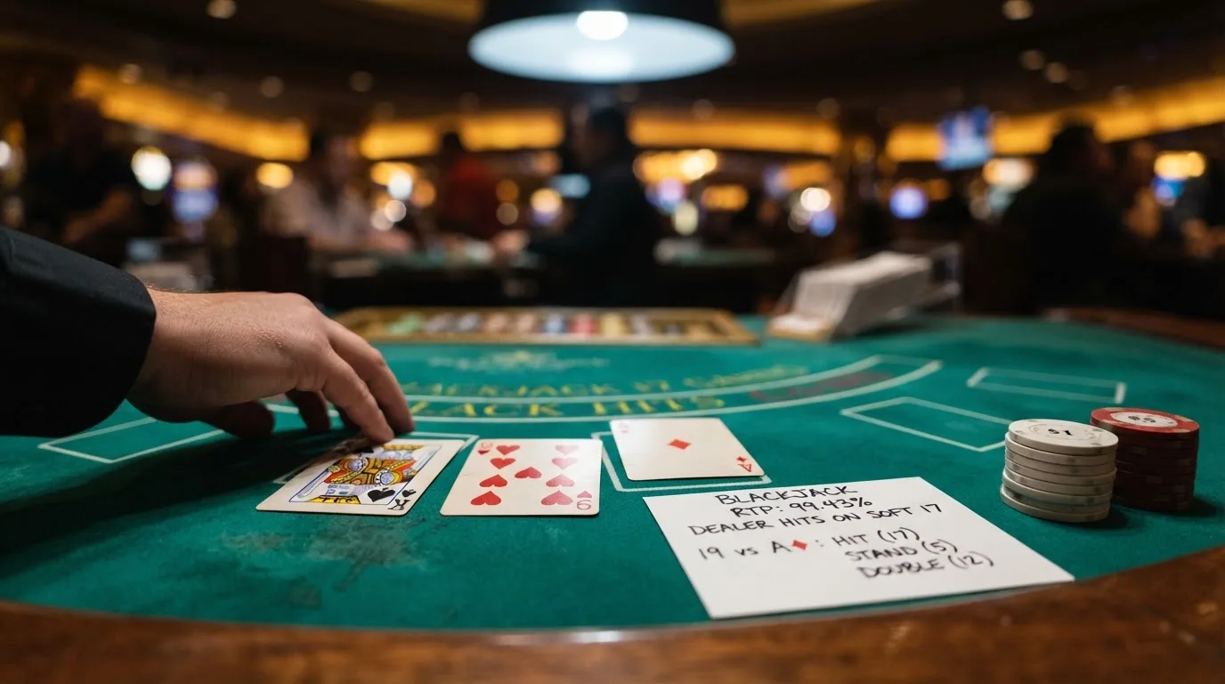 Zielone sukno stołu do blackjacka z dwiema odkrytymi kartami gracza i kartą krupiera, obok kartka z wypisanymi wartościami RTP
