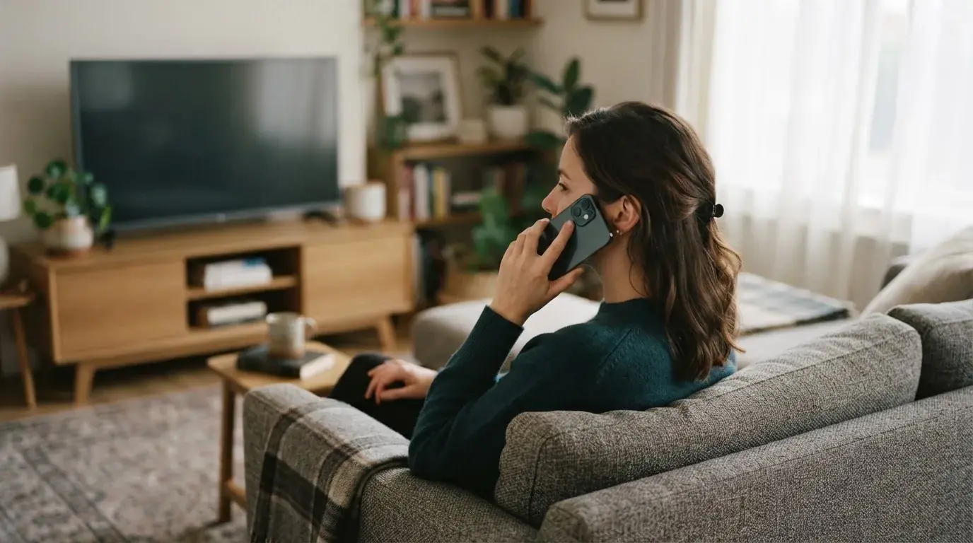 Osoba siedząca na kanapie, trzymająca telefon komórkowy przy uchu, w tle wyciszony telewizor.
