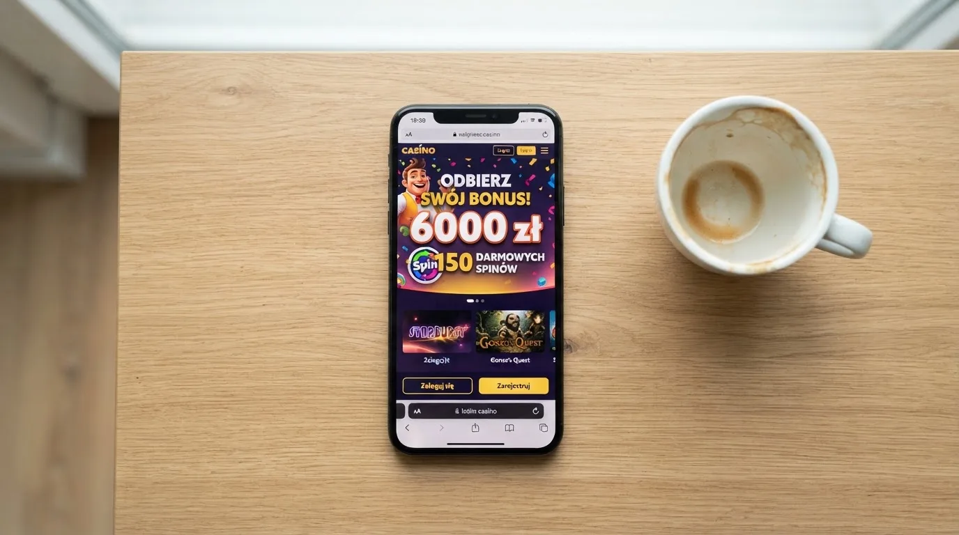 Smartfon na biurku z ekranem strony powitalnej kasyna internetowego, obok filiżanka kawy.